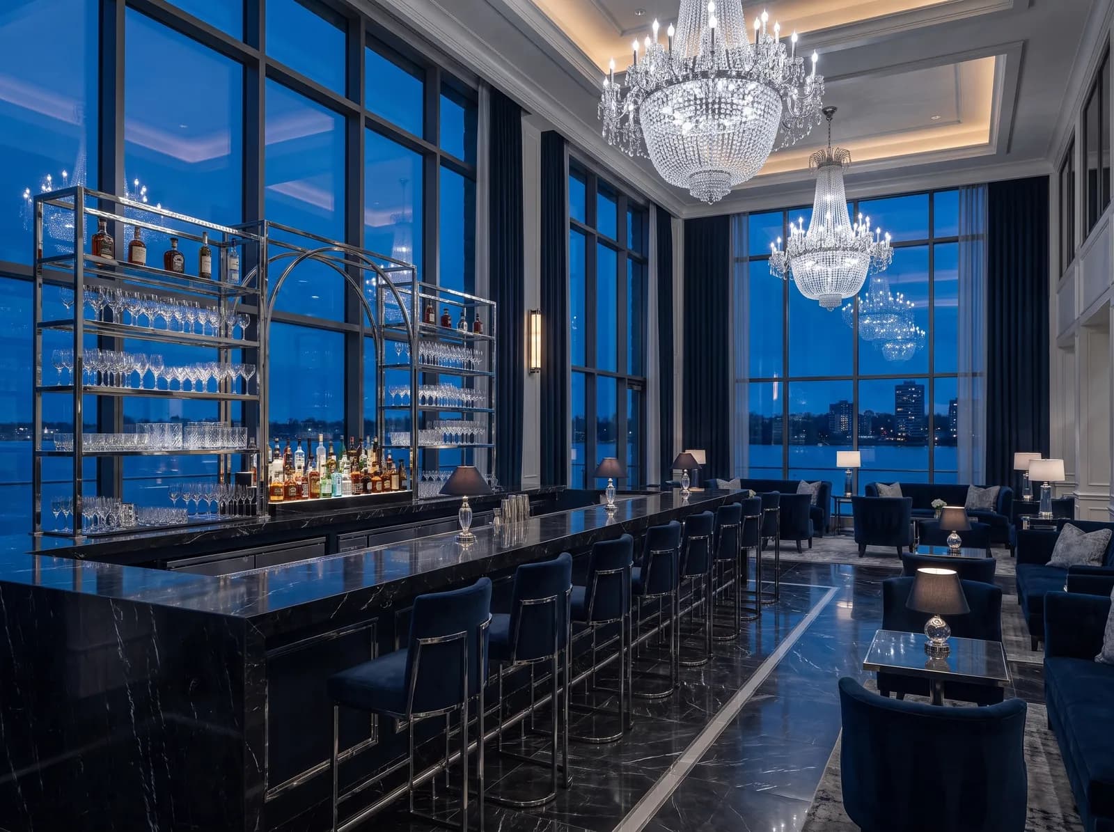 The marble bar and harbour windows of The Sounding Room