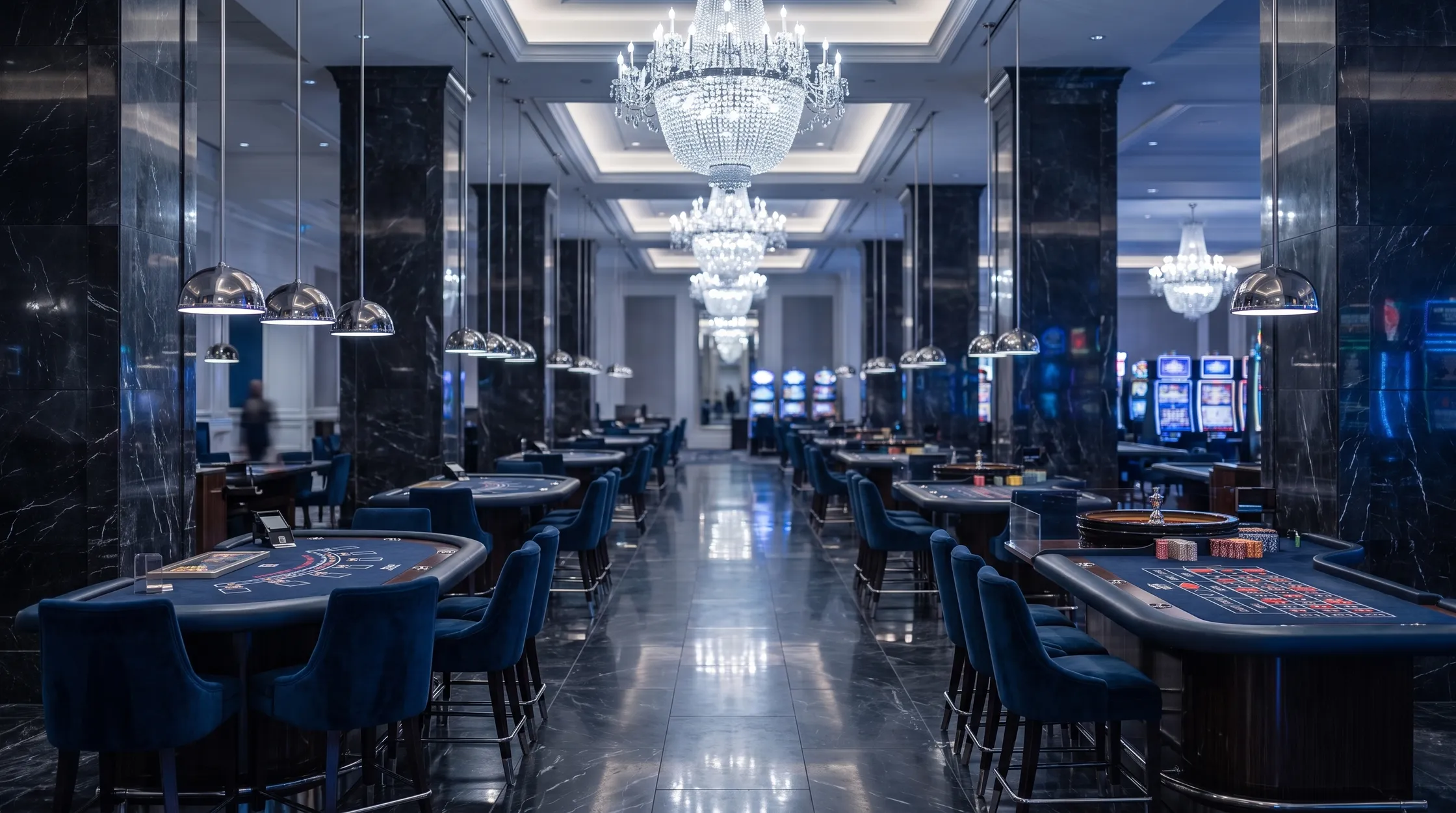 Table games receding under chandeliers on The Grand Floor
